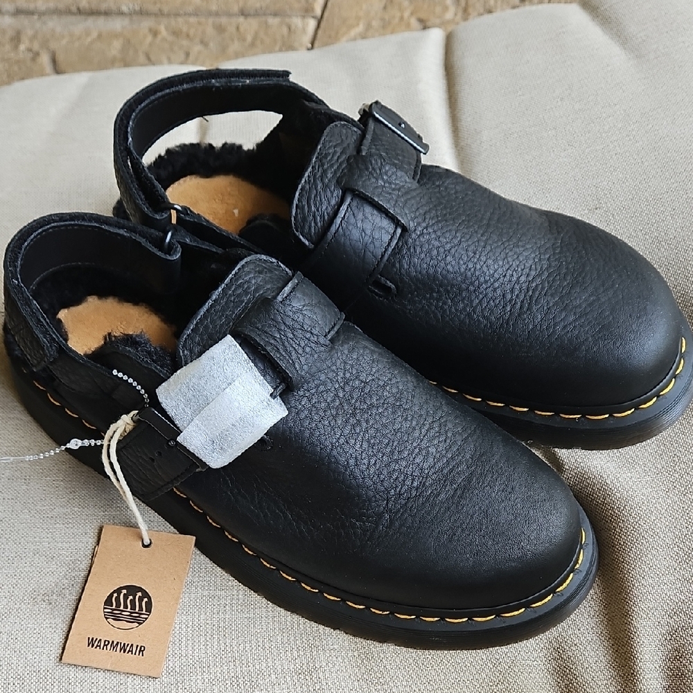 Dr Martens Jorge II Slingback Mules Fleece Black Leather Faux-fur Lined Sz 11
